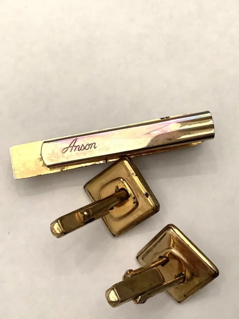 Vintage Anson Tie Clip & Cufflinks Mother Of Pearl on Gold Plated Brass Signed